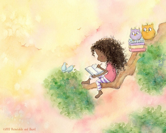 Girl With Long Curly Hair Writing With Bluebird The Girl Who Etsy