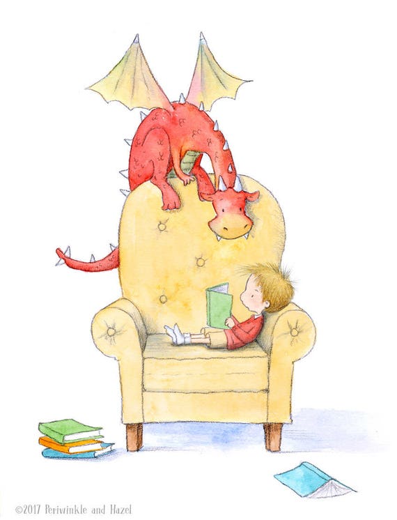Henri Liest Blond Oder Brown Hair White Skin Boy And Red Dragon Reading Books Art Print Kinder