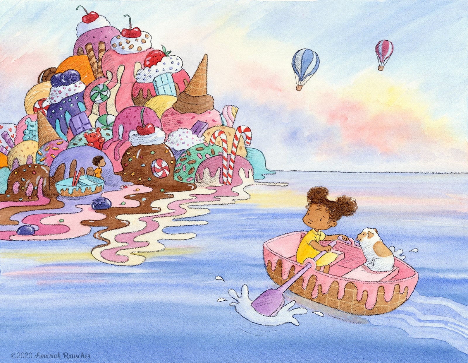 Ice Cream Island Girl and Puppy Art Print Art & Collectibles Watercolor
