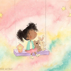 Once Upon a Rainbow Sky - African American Girl on Swing with Teddy Bear and  Bunny - Fine Art Print