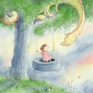 I Heard That You Don&#39;t Believe In Dragons - Brown Hair - Girl and Dragon - Art Print
