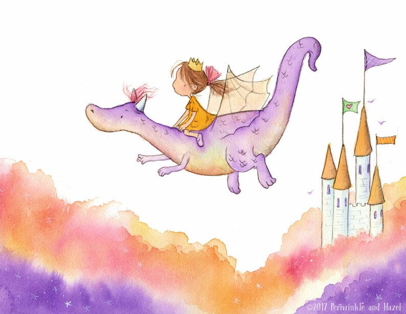 The Princess and the Dragon Brunette or Blonde Girl on Purple Dragon Art Print Children image 1