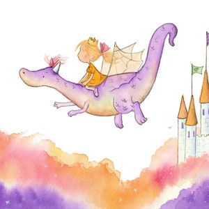 The Princess and the Dragon Brunette or Blonde Girl on Purple Dragon Art Print Children image 2