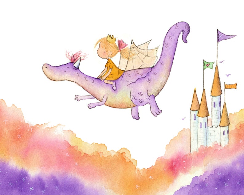 The Princess and the Dragon Brunette or Blonde Girl on Purple Dragon Art Print Children image 2