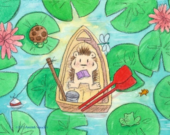 Lilly Pad Lagoon - Hedgehog in Rowboat- Art Print