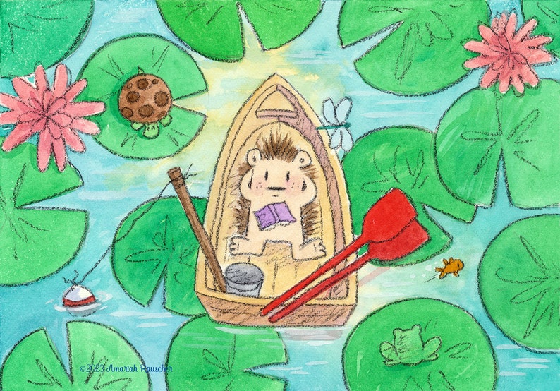 Lilly Pad Lagoon Hedgehog in Rowboat Art Print image 1