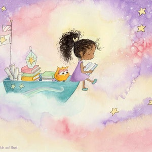 A Book About the Stars - African American Girl with Curly Hair Reading - Fine Art Print