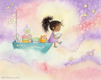 A Book About the Stars - African American Girl with Curly Hair Reading - Fine Art Print