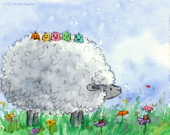 Five Little Birds - Sheep and Birds - Art Print