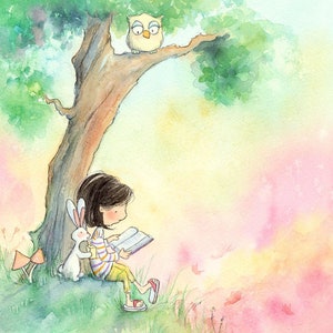 Girl Reading to Bunny -  Art Print - Children