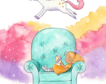 Unicorn Story - Blonde Girl Reading Book - Brown Skin - Art Print - Children