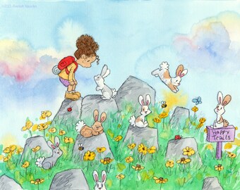 Happy Trails - Hiking Girl and Bunnies - Art Print