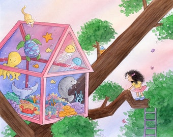 Beatrice - Girl and Aquarium Treehouse - Art Print