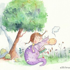 ドラゴンもハグが必要 - 紫色のペットのドラゴンを抱きしめる女の子 - アートプリント