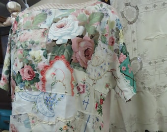 Vintage Kitty HEIRLOOM HATTIE tunic dress, patchwork gorgeousness, ooak, vintage linens, embroidery, sanderson, florals, plus size 1-2xl