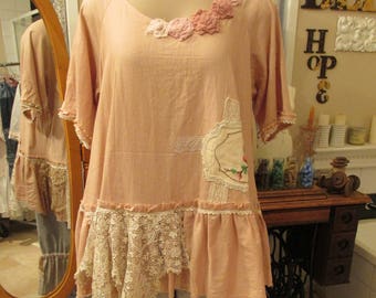 Vintage Kitty.. french market Tunic. vintage cross-stitch ,stretch cotton, blush pink, embroidery, roses, lace, crochet, ooak.  Lge/xl