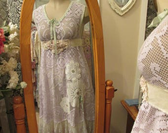 Vintage Kitty.. hand dyed lilac needle lace tunic, sage green, vintage needlework, romantic, gorgeous.. ooak, shabby chic, ... med - xl