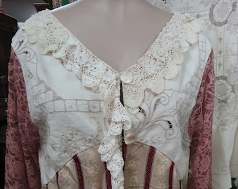VINTAGE KITTY.. cropped jacket, gloriously shabby chic, vintage linen, roses, lace, romantic, antique mother of pearl buttons med-lg ooak