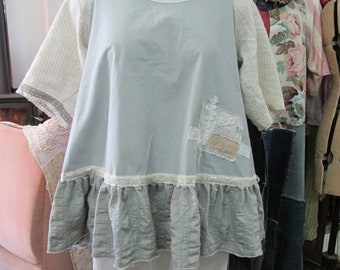 Vintage Kitty.. FRENCH MARKET TUNIC,  duck egg blue, ticking, embroidery, crochet, lace, ooak gorgeous, cream and ecru.  Lge/xl