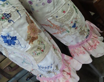 Vintage Kitty HEIRLOOM BLOOMERS, patchwork gorgeousness, ooak, vintage linens, cross stitch, embroidery, needlework hand stitch . med - XL