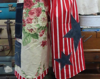 VINTAGE KITTY  stars, stripes & vintage florals... wide leg trou... shabby chic, vintage denim, upcycled, linen, raw, ooak,  Med/xl