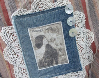 VINTAGE KITTY.. linen upcycle.. stripe tunic.. with denim raggy roses and mother of pearl.. gorgeous... one of a kind , PLUS size xxl
