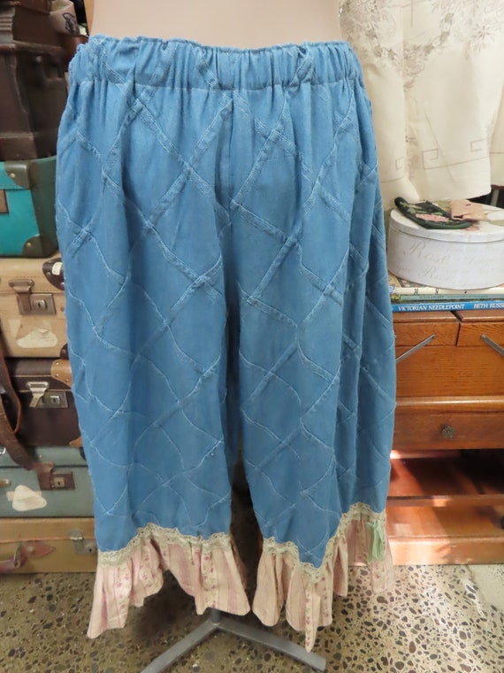 VINTAGE KITTY BLOOMERS.. funky patchwork, lightweight denim.. , floral & striped cuffs..   ooak shabby chic, 2xl plus size