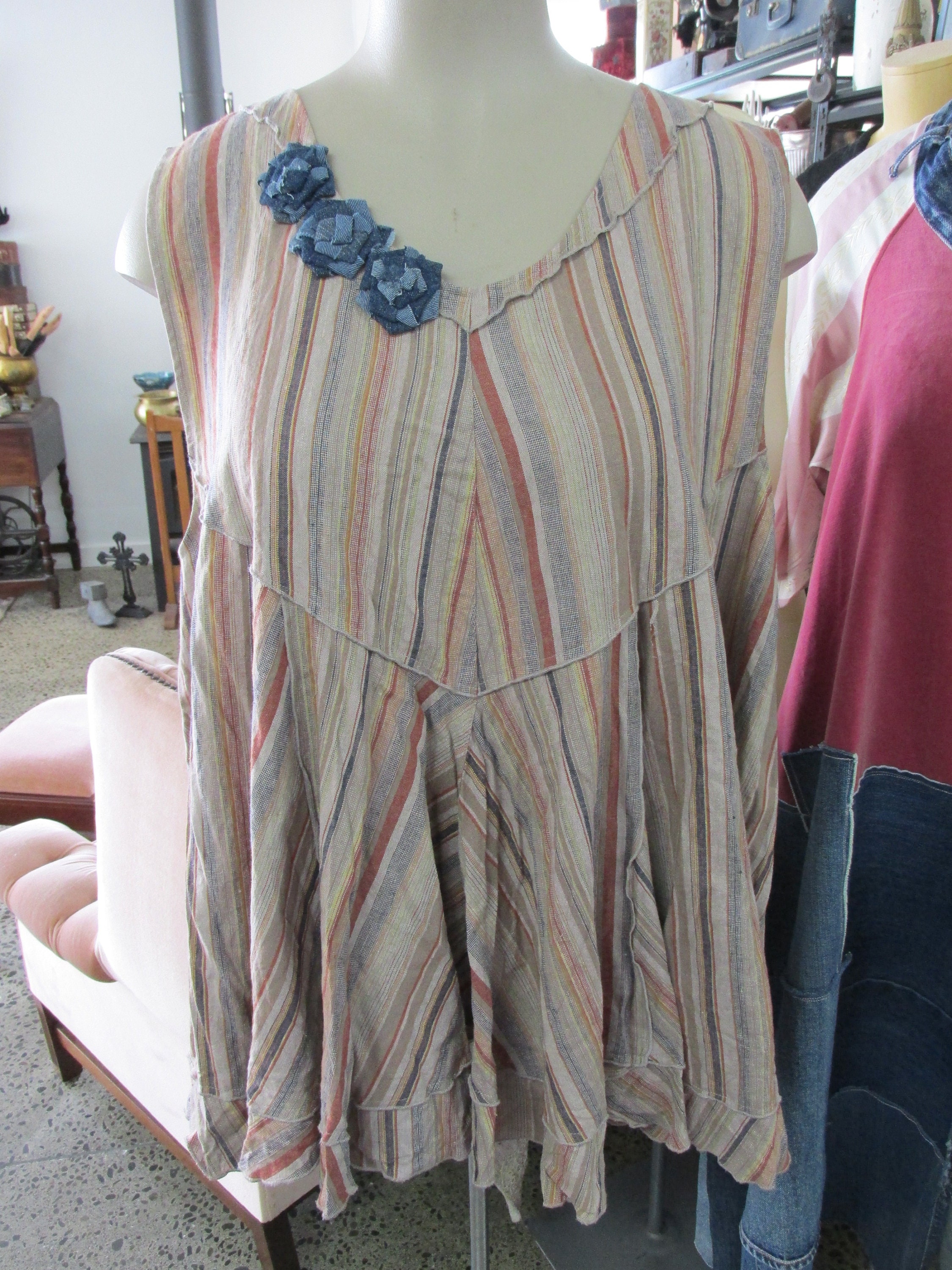 VINTAGE KITTY.. Linen Upcycle.. Stripe Tunic.. With Denim - Etsy
