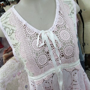 SEWINGROOM SALE! Vintage Kitty.. shabby chic tunic dress.. , crochet, vintage tablecloth.. hand dyed, upcycled ooak, pink,  .. med - xl