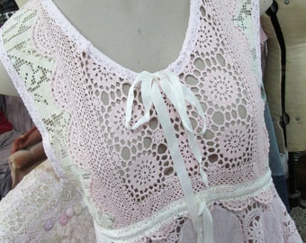 SEWINGROOM SALE! Vintage Kitty.. shabby chic tunic dress.. , crochet, vintage tablecloth.. hand dyed, upcycled ooak, pink,  .. med - xl