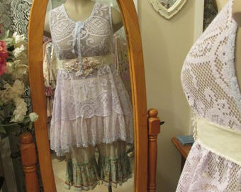 Vintage Kitty.. hand dyed lavender needle lace tunic, pastels, pink, periwinkle blue, romantic, gorgeous.. ooak, shabby chic, ... med - xl