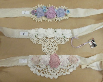 Vintage Kitty..  tunic sash E, calico, raggy roses, whites ..,satin ribbon roses and pearls, obi, belt.... shabby chic.. one size