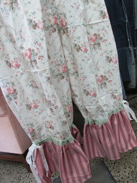 small or medium Handmade bloomers made from vintage upcycled rose floral cotton with vintage pale pink edging elastic at waist and legs