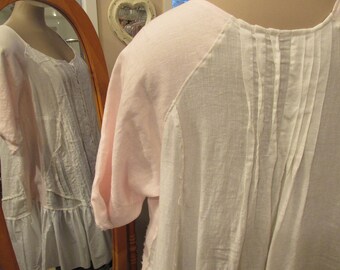 Vintage Kitty.. french market Tunic. dress length, blush pink, white linen upcycle , battenburg, ooak xl - xxl plus size