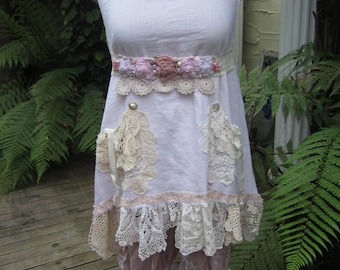 SALE... Vintage Kitty.. grungy hand dyed tea.... muslin tunic.... doilies and vintage needlework, lace, roses, shabby chic... MED/XL