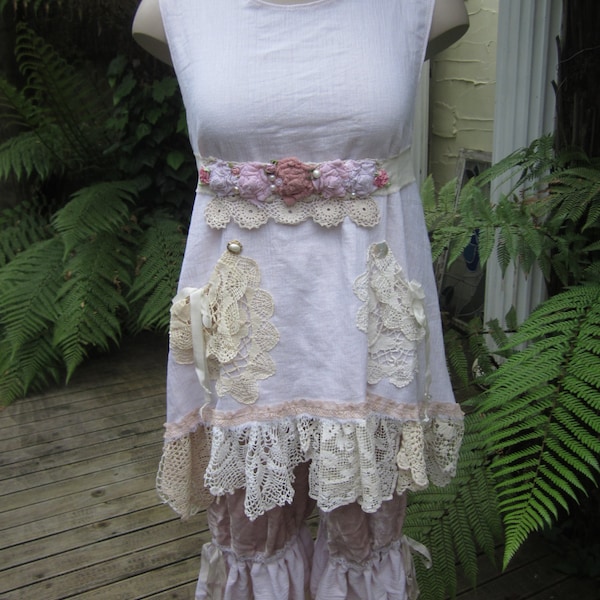 SALE... Vintage Kitty.. grungy hand dyed tea.... muslin tunic.... doilies and vintage needlework, lace, roses, shabby chic... MED/XL