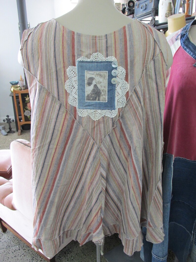 VINTAGE KITTY.. Linen Upcycle.. Stripe Tunic.. With Denim - Etsy