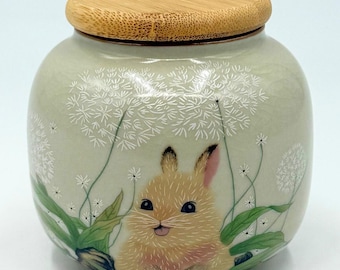 Small Bunny Cremation Urn, Painted Ceramic Ashes Jar with Bunny Design and Bamboo Lid, Personalized Rabbit Urn for Ashes