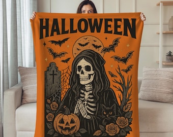 Haunted pumpkin throw blanket, dark orange decor, eerie cottagecore, skull moon design, large soft throw, grim reaper accent