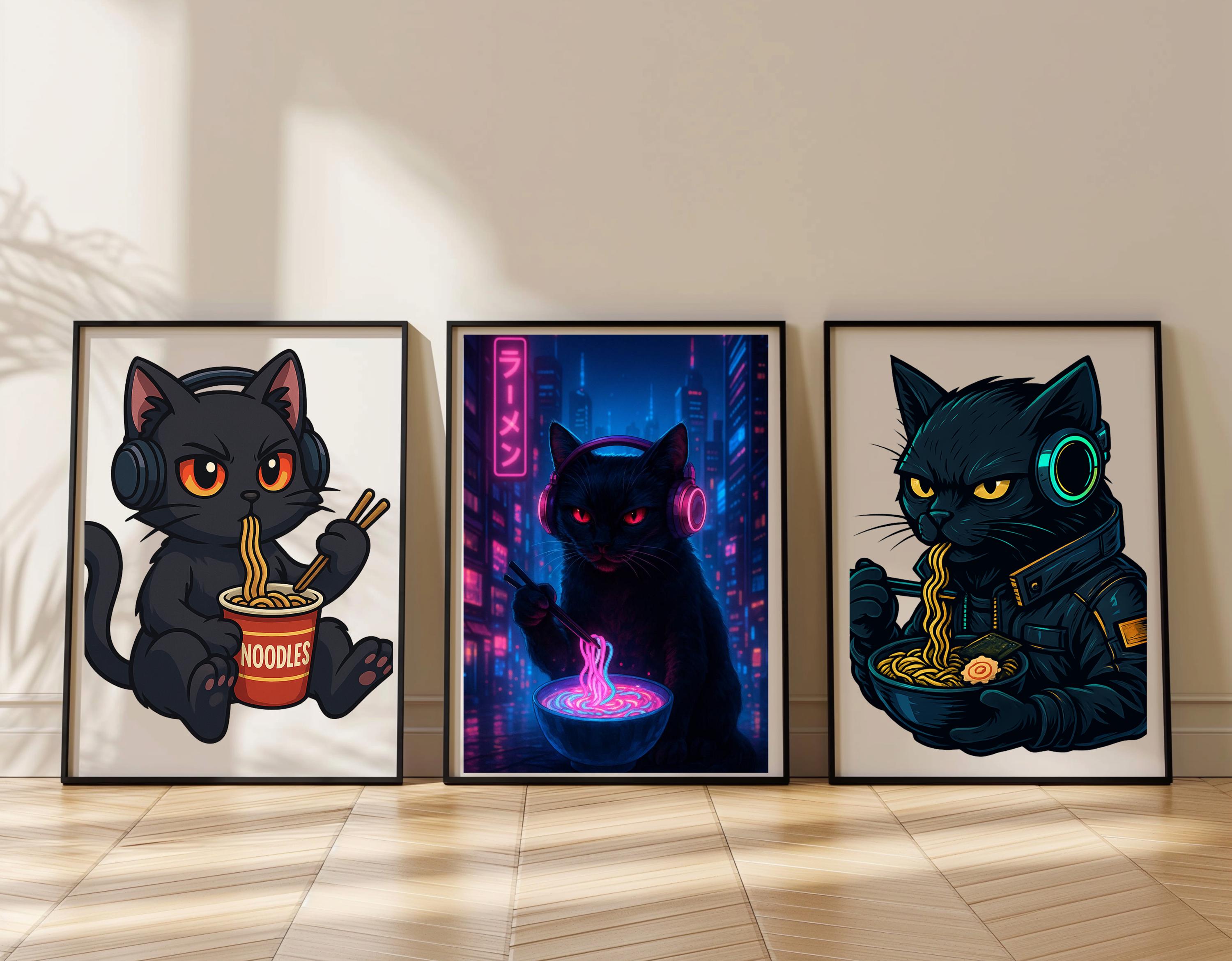 Cyberpunk Black Cat Poster – Custom Neon Pet Art, Ramen Wall Decor ...