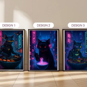 May include: Three framed art prints featuring black cats in a cyberpunk style. Each cat is depicted in a neon-lit cityscape, with sushi and ramen themes. The prints are labeled "Design 1", "Design 2", and "Design 3".