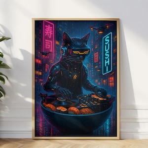 Cyberpunk black cat poster, printable wall art, canva neon animal print, framed gothic cat print, gamer decor, gift for cat lover