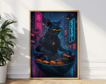 Cyberpunk black cat poster, printable wall art, canva neon animal print, framed gothic cat print, gamer decor, gift for cat lover