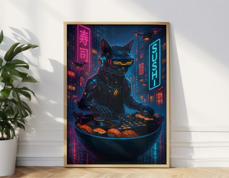 Cyberpunk black cat poster, printable wall art, canva neon animal print, framed gothic cat print, gamer decor, gift for cat lover