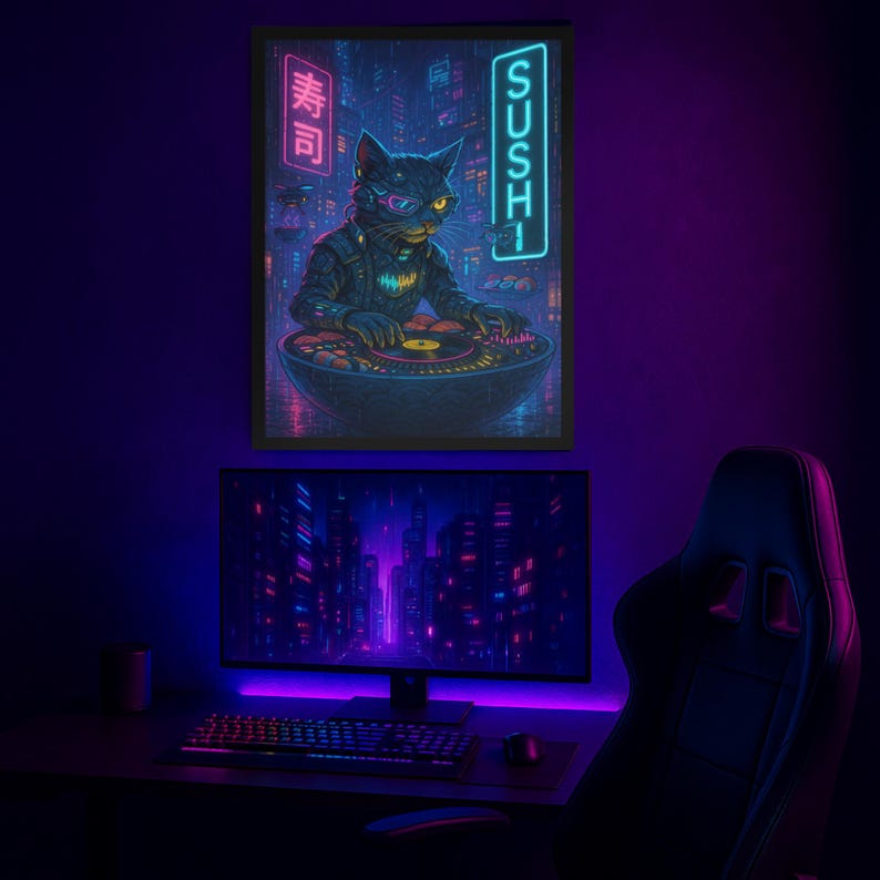 May include: A framed neon art print featuring a black cat DJ in a cyberpunk city. The cat wears futuristic glasses and a jacket, with "SUSHI" and Japanese text in neon. Below, a computer setup with a cityscape on the monitor.