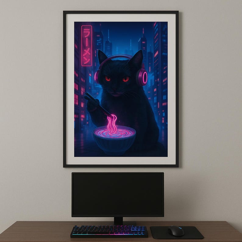 May include: A framed art print featuring a black cat wearing headphones and eating ramen with chopsticks. The cat has glowing red eyes and is set against a neon cityscape. The ramen bowl and the Japanese text are in neon pink.
