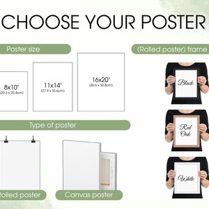 May include: Image showing poster size options: 8x10 inches, 11x14 inches, and 16x20 inches. It also displays rolled and canvas poster types, and frame color options: black, red oak, and white. The text reads "CHOOSE YOUR POSTER".