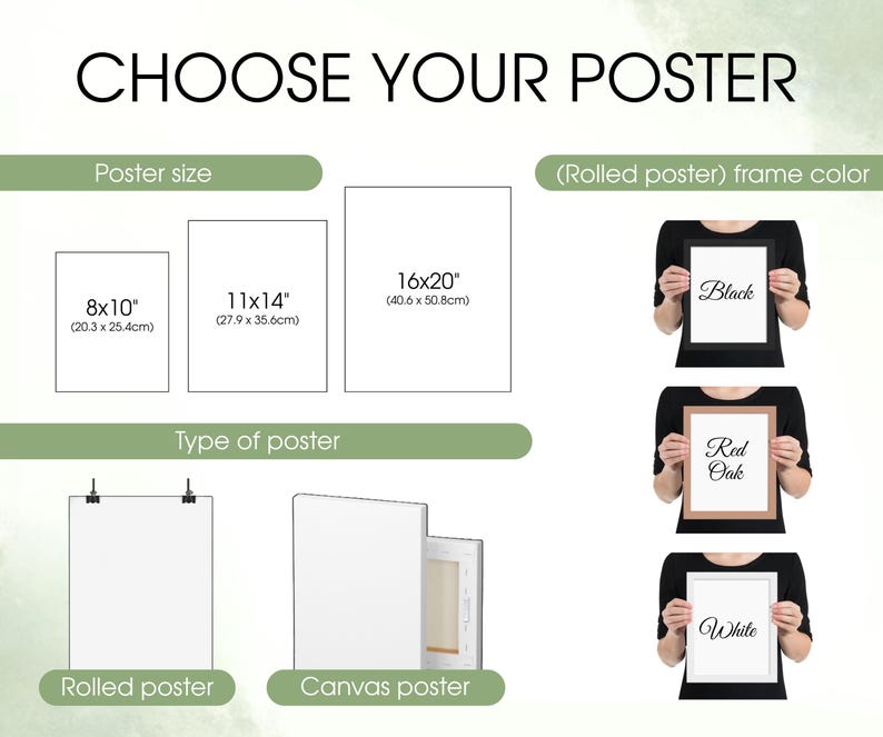 May include: Image showing poster size options: 8x10 inches, 11x14 inches, and 16x20 inches. It also displays rolled and canvas poster types, and frame color options: black, red oak, and white. The text reads "CHOOSE YOUR POSTER".