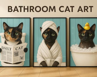Custom Funny Cat Bathroom Art – Personalized Pet Portrait, Cat on Toilet, in Bathtub or SPA Robe – Unique Gag Gift for Cat Lovers Decor
