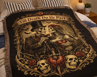 Till death skeleton throw blanket, gothic romance valentine decor, couple gift